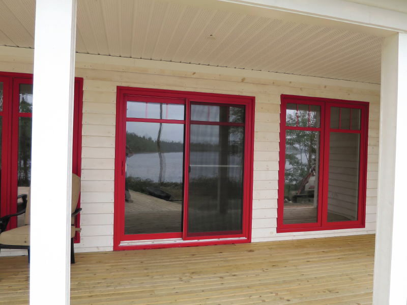 exterior view or amazing red windows and doors
