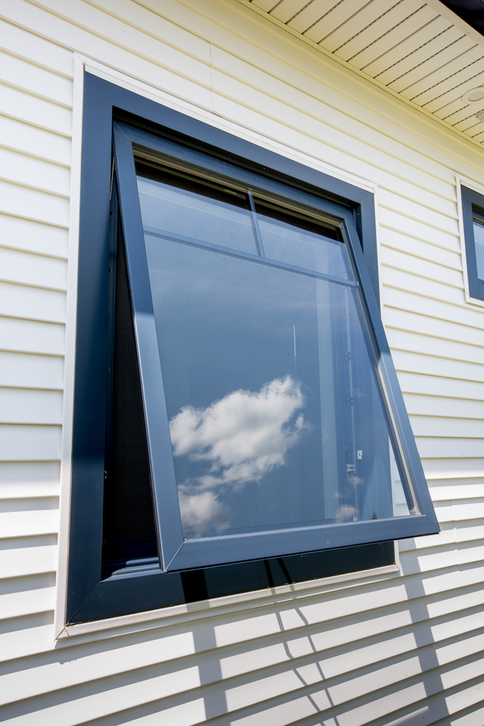 exterior view of opened awning window